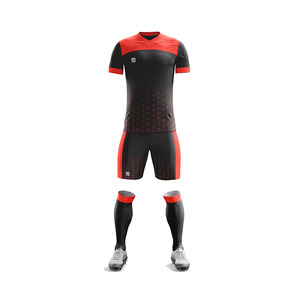 Maillots de football personnalisés pour équipes, 100 % polyester, imprimés par transfert thermique, anti-humidité, respirants, col en V, manches courtes, taille élastique - Product Image 1