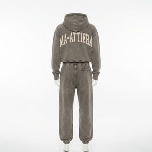 Custom Women Acid Wash Gray <b>Cropped</b> Hoodie <b>Jogger</b> Set Cotton Fleece Oversized Streetwear Tracksuit OEM Wholesale - Product Image 4