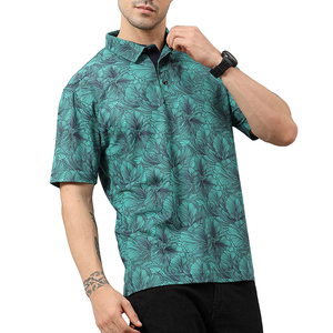 Polo pour homme à imprimé floral tropical vert, manches courtes, col chemise, style hawaïen, motif feuilles vibrantes, été - Product Image 1
