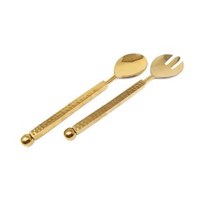 Attractive Metal Salad Server <b>Serving</b> <b>Spoon</b> & Fork Set With Hammered Square Handle for Home & Hotels Gold Salad Server Sets - Product Image 1