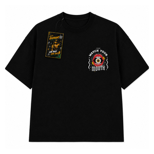 Camiseta Oversize de Algodón Negro con Estampado 'Watch Your Mouth' para Hombre, Estilo Urbano, Manga Corta, Cuello Redondo - Product Image 2