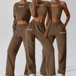 Ensemble de hauts courts à manches longues pour femmes, tricotés en spandex et polyester, col rond, couleur unie, respirant, à porter toute l'année - Product Image 1