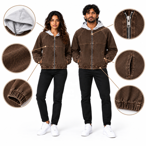 Blouson bomber unisexe en velours côtelé à capuche avec fermeture éclair, couleur unie, style décontracté, saison automne, coupe classique, doublure en coton - Product Image 6