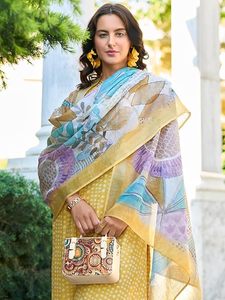 Women's Straight <b>Linen</b> Floral Embroidered Kurta Pant with Dupatta Set - Product Image 3
