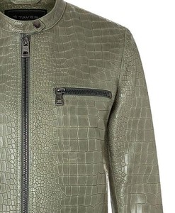 <b>Women</b> <b>Leather</b> Croco Emboss Moto <b>Jacket</b> Stand Collar Full Sleeve Zipper Closure Winter Autumn Outerwear - Product Image 2
