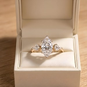 10K 14K 18K Solid Gold Solitaire Ring Trilogy Designer Ring <b>Three</b> Stone Engagement Ring IGI Certified Marquise Lab Grown Diamond - Product Image 1