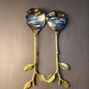 Ensemble de service à salade avec manche en feuille d'or inspiré de la nature, cuillère et fourchette à salade en acier inoxydable fabriquées à la main, pour cadeaux de mariage - Product Image 6