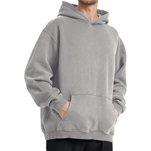 <b>Men's</b> <b>Grey</b> Acid Wash Hoodie Oversized Pullover <b>Sweatshirt</b> Casual Solid Color Drop Shoulder Long Sleeve Top - Product Image 2