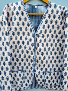 Vintage Style Quilted Jacket Blue Hand Block Print Kimono Coat Blue Floral Quilted Jacket Lightweight Cotton <b>Layer</b> - Product Image 3