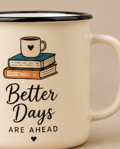 Custom Camp Mug Inspirational Reading Design Bookworm Quote Off White Enamelware <b>Black</b> <b>Edge</b> Bulk B2B Manufacturer Sourcing Hub - Product Image 4
