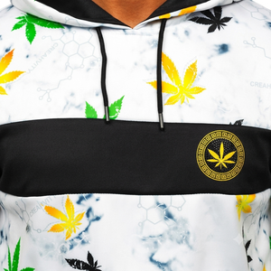 Sweat à capuche en molleton pour homme, imprimé 3D motif feuille, délavé à l'acide, blanc, vert, jaune, avec logo frontal et poche, coupe classique, hiver - Product Image 5