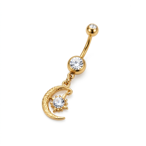Piercing de Ombligo con Disco Lunar Moderno, Chapado en Oro de 10k, con Rosca Interna y Diamantes Colgantes, Joyería para Mujer - Product Image 1