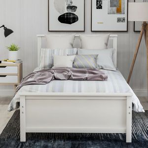Letto a piattaforma in legno bianco, misura twin, con testiera e pediera, include supporto a doghe in legno - Product Image 2