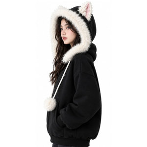 Sudadera con capucha extragrande negra para mujer con orejas de gato de piel sintética y pompones, sudadera con capucha con cremallera para invierno - Product Image 4