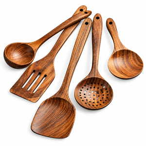 Juego de utensilios de cocina de madera vintage al por mayor, cucharas de madera naturales de mango largo, cucharón, espátula y volteador antiadherentes - Product Image 6