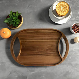 Bandeja de servir ovalada de acacia con asas - Product Image 1