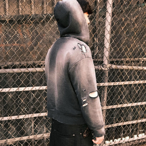 Sudadera con Capucha Negra Extra Grande de Algodón para Hombre, Estilo Urbano, Tela Lavada, Logotipo Personalizado, Estampado en la Espalda, Estilo Otoñal - Product Image 6