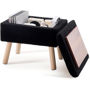Pouf Contenitore Rettangolare Nero Contemporaneo con Rivestimento in Tessuto Teddy, Gambe in Legno Massello, Poggiapiedi per Ingresso di Casa - Product Image 1