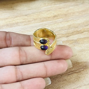 <b>Top</b> Choice Open Band <b>Feather</b> Amethyst Ring 18k Gold Plated Brass Boho Ring Double Stone Statement Wholesale Modern Style Ring - Product Image 2