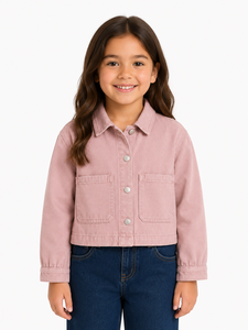 Girls Pink <b>Denim</b> <b>Jacket</b> <b>Cropped</b> Casual Outerwear Premium Quality Cotton <b>Denim</b> <b>Jacket</b> Stylish Button Front Design Long Sleeve - Product Image 1