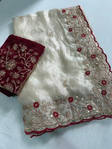 Designer Beautiful Sequence Embroidery Work Space <b>Satin</b> <b>Saree</b> With Worked Contrast Unstitched Blouse Piece - Product Image 1