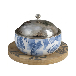 Blue Floral Design Ceramic Casserole With Hammered Metal Lid. Elegant Insulated <b>Serving</b> <b>Dish</b> For Premium Dining & Home Decor - Product Image 4