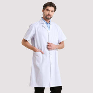 Bata de laboratorio hospitalaria unisex blanca tejida de manga corta con 3 bolsillos, cierre a presión, detección de agujas, fusión sin costuras, marca personalizada - Product Image 4