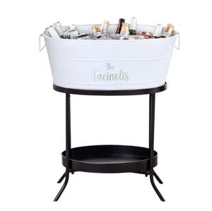 Seau à glace ovale en métal galvanisé blanc martelé avec support et poignées, pour intérieur et extérieur - Product Image 1