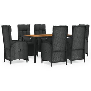 Set da pranzo da 7 pezzi in Poly Rattan nero con cuscini Set da giardino - Product Image 2