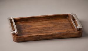 Elegant Modern Design <b>Wooden</b> <b>Serving</b> <b>Platter</b> Dark Mango Wood Tray Featuring Rectangular Contour and Metal Grips - Product Image 4