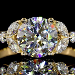 Bague de mariage vintage en or massif 14 carats avec diamant rond certifié IGI de 1,5 carat et accent marquise, bande feuille, bague fine - Product Image 3
