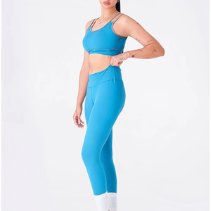 Women's <b>Blue</b> Yoga Set High Waist Leggings <b>Crop</b> <b>Top</b> 2 Piece Activewear Racerback Seamless Full Length Spandex Polyester - Product Image 2