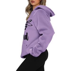 Women <b>Purple</b> Hooded Sweatshirt Long Sleeve Bee Kind Print Casual Knitted Pullover Front Pocket 100% Cotton Autumn Style - Product Image 2