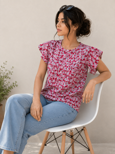 Camiseta de Verano de Algodón Casual con Estampado Floral Rosa, Cuello Redondo, Manga Corta con Volantes, Suave, para Uso Diario, Ropa de Mujer, Exportador Mayorista - Product Image 1
