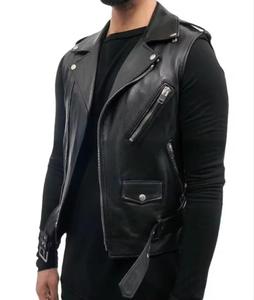 Unisex <b>Black</b> Genuine Leather Moto <b>Vest</b> Stand Collar Zipper Closure Slim Fit Solid Color Quick Dry Front Logo Autumn Style - Product Image 3