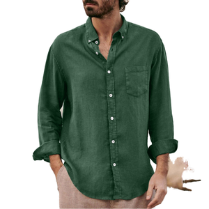 Chemise décontractée pour homme en lin et coton satiné tricoté respirant, anti-plis, à col rabattu, manches longues, boutonnage simple, couleur unie, idéale pour l'été - Product Image 4