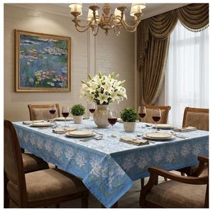 Mantel Rectangular Clásico con Estampado Floral, Algodón Estampado a Mano BlueWood, 150x220 cm, Elegante Color Azul Gud con Loto Japonés - Product Image 1
