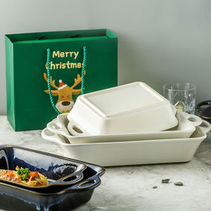 Plat rectangulaire en grès à double poignée, résistant aux éclats, avec couvercle en verre céramique, compatible four et lave-vaisselle, réutilisable - Product Image 3