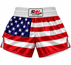 Shorts de boxe Muay Thai personnalisés pour hommes, drapeau américain, rouge, blanc, bleu, étoiles, rayures, satin, ceinture élastique large, entraînement de kickboxing, combat - Product Image 2