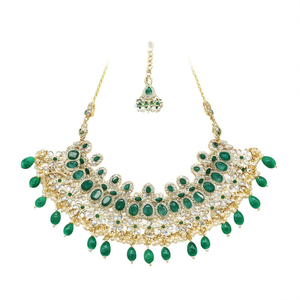 Conjunto de Collar Clásico Chapado en Oro con Kundan y Cuentas, con Perla de Agua Dulce, Cristal Verde de Imitación, Estilo Religioso-NS619 - Product Image 2