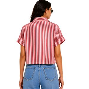 Camisa corta a rayas rojas y blancas personalizada para mujer, logotipo bordado personalizado, blusa informal de verano con botones y manga corta, OEM - Product Image 2