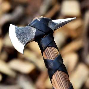 Premium Battle Ready Nordic Spike Tomahawk Custom Logo Handmade Steel Wood <b>Handle</b> Hunting Camping Tool with Leather Sheath Wrap - Product Image 3