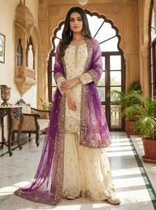 Ensemble Gharara ethnique indien en gros – Haut en soie brodé de sequins lourds et pantalon Palazzo Gharara pour femme - Product Image 2
