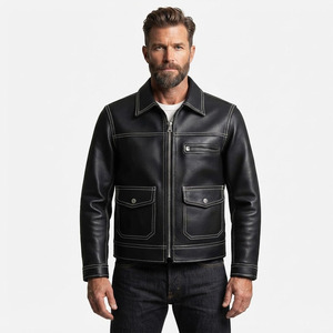 Veste de camionneur pour homme en cuir de vachette véritable, surpiqûres contrastées, fermeture éclair, poche à rabat, noire, style vintage, veste utilitaire pour homme - Product Image 3