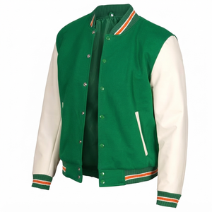 Men's Green Varsity Jacket With Cream Sleeves And Orange Trim Regular Fit Casual Wear Autumn Season - Product Image 1