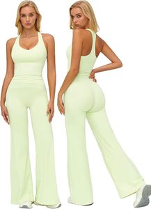 <b>Women</b> Solid Color Halter Crop <b>Top</b> Wide Leg High Waist Full Length Yoga Pants Activewear Set Spandex Knitted Four-Way Stretch - Product Image 2