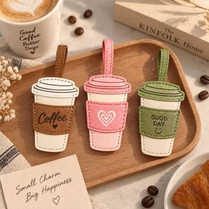 Porte-clés tasse à café personnalisé en cuir PU, breloque de sac pour femme, vente en gros OEM - Product Image 2