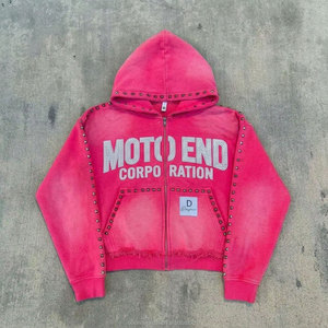 Sudadera de invierno para hombre, estilo vintage, desgastada, con parches bordados, efecto descolorido por el sol, con cremallera y pedrería, 100% algodón, corte holgado y corto, personalizada OEM. - Product Image 1