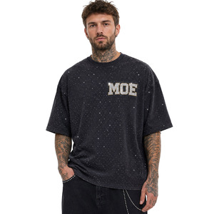 T-shirt Homme Streetwear Y2K Esthétique avec Logo Frontal Strass Scintillants, Lavage Vintage, Tissu Épais, OEM Hip Hop Bling, Effet Délavé à l'Acide - Product Image 1