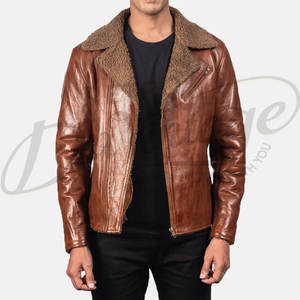 Veste en cuir véritable marron pour homme avec col en fourrure Sherpa, veste de motard slim fit chaude pour l'hiver, manteau en cuir décontracté - Product Image 6